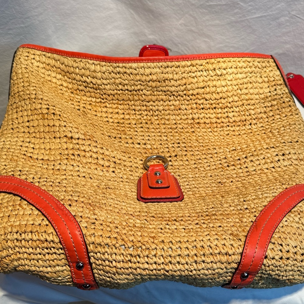 Vintage Coach Large Raffia Hobo Straw/Leather Bag with Coral Trim - Picture 14 of 16